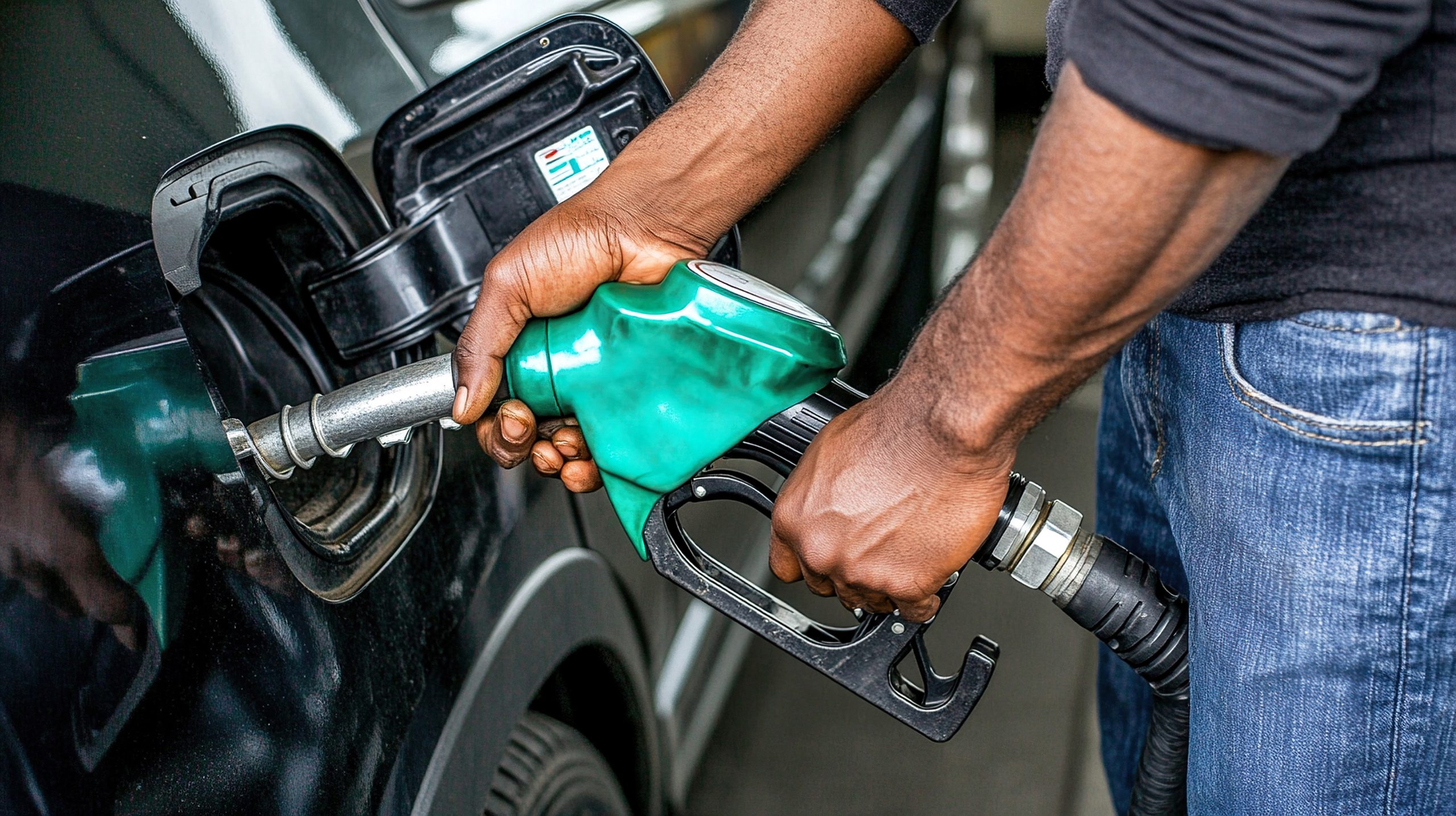 man hand holding a gas pump nozzle and filling up a car at the station is using a fuel benzin