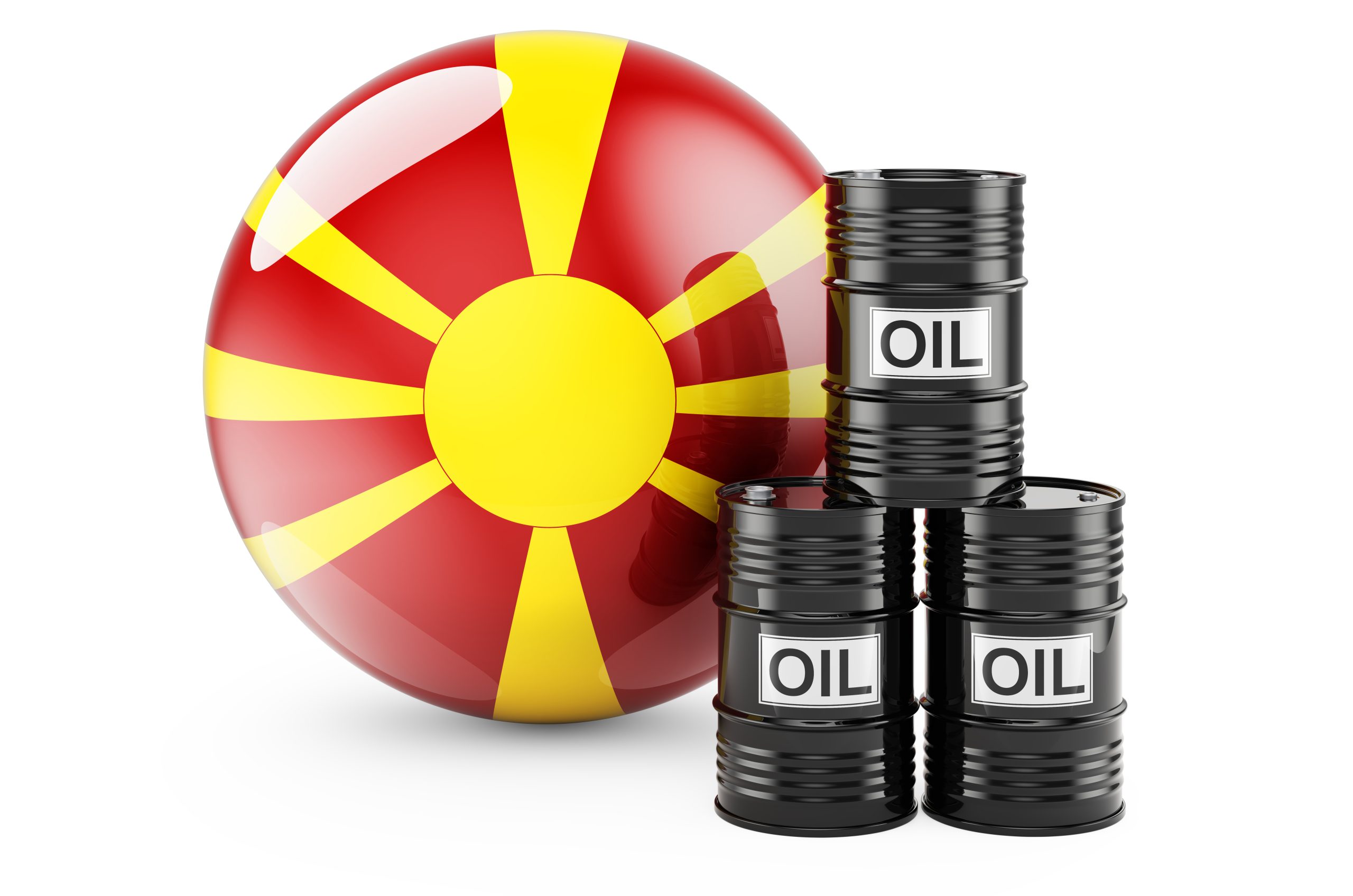 Oil barrels with Macedonian flag. Oil production or trade in Macedonia concept, 3D rendering isolated on white background